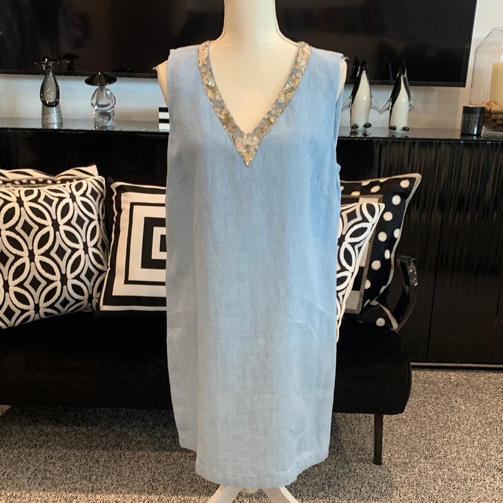 Sleeveless V-Neck Midi Dress in Pale Blue with Embellished Trim